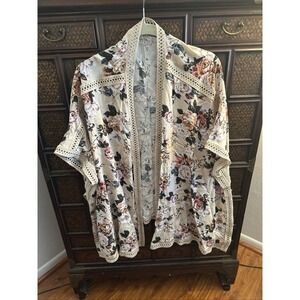 Listicle Ditsy Boho Floral Crochet Open Front‎ Lightweight  Kimono Cardigan M